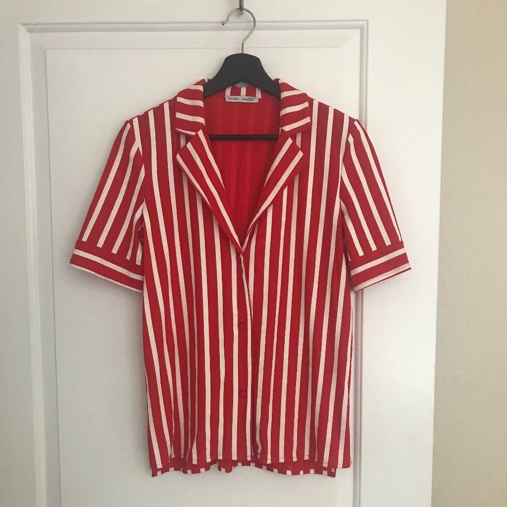 Zara Red Striped Cotton Blend Button Up Shirt